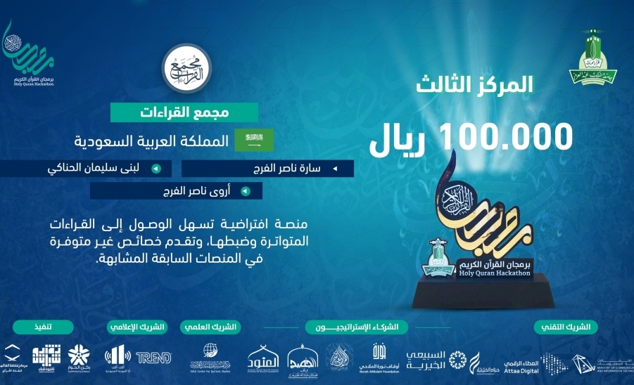 عضو هيئة التدريس لبنى الحناكي تحقق المركز الثالث على مستوى هاكاثون برمجان القرآن الكريم العالمي .